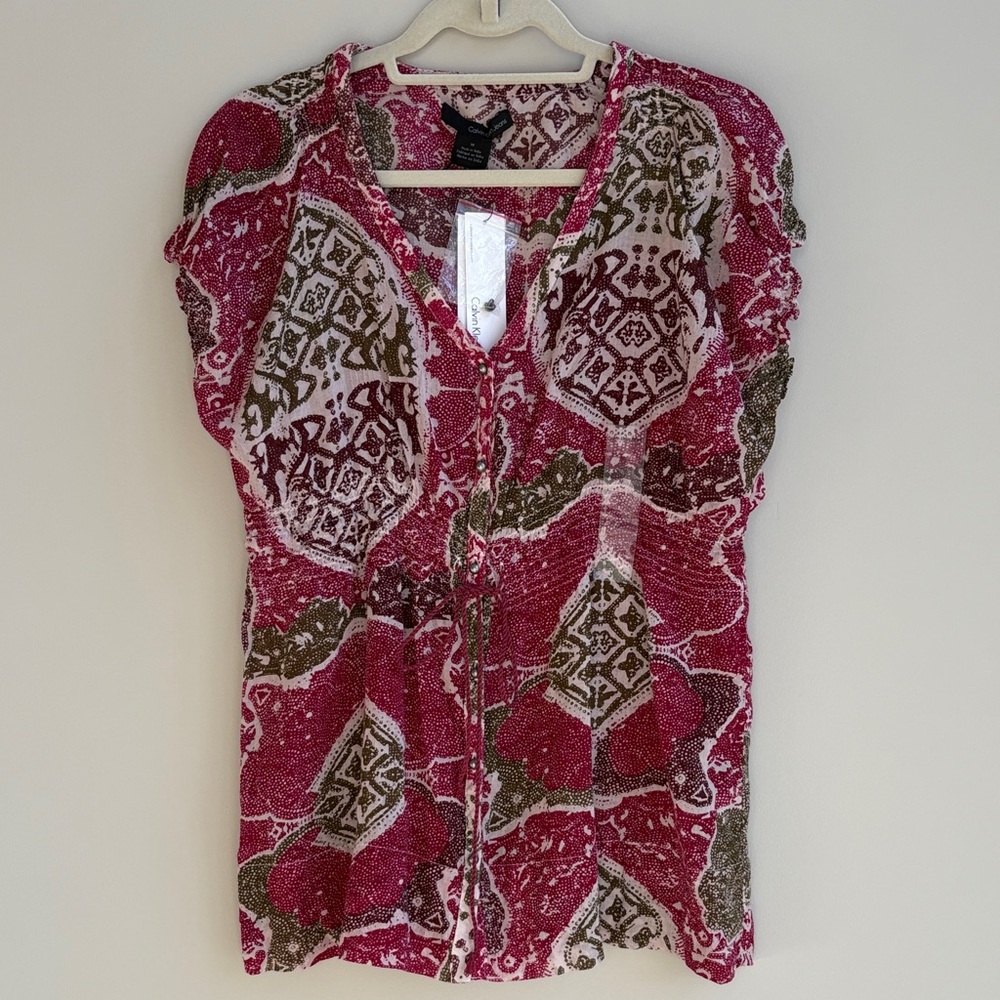 CK Batik Print Lightweight Shirt Cotton Button Down Tie Waist WF20H08O